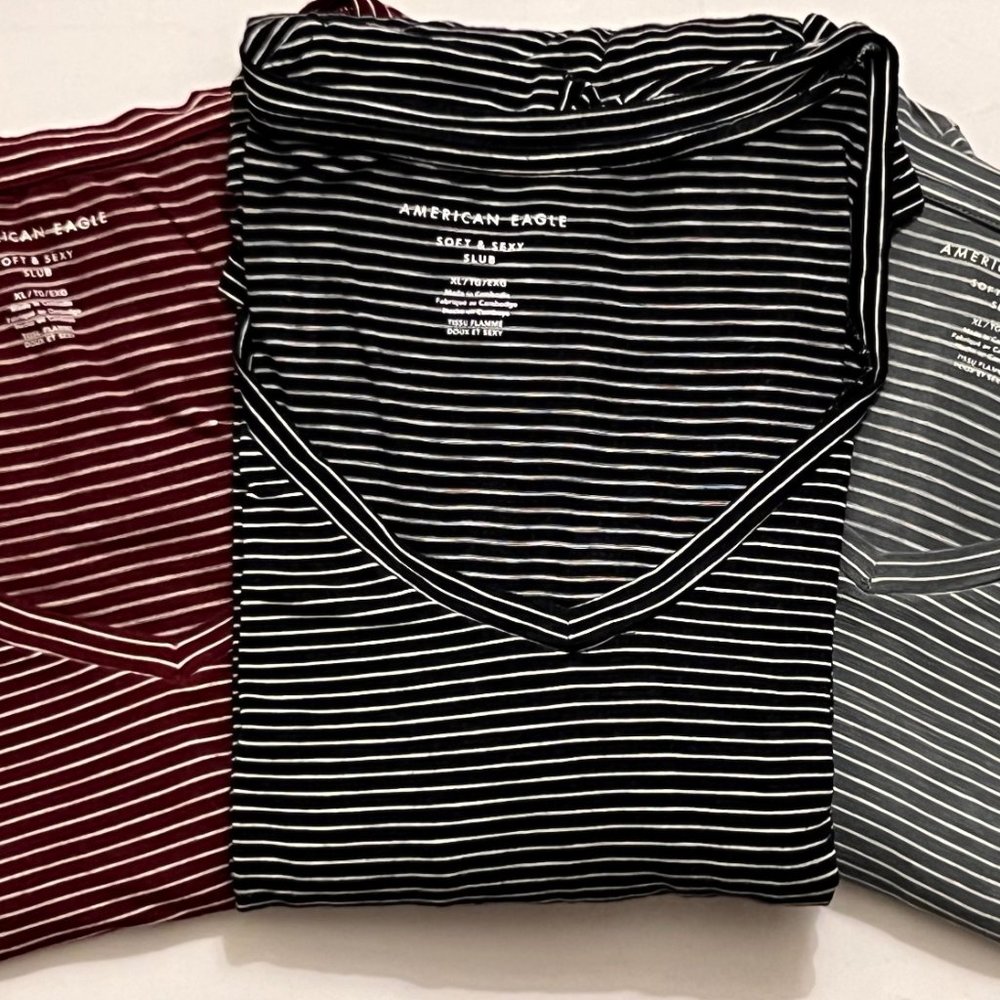 Lot 3, American Eagle Super SOFT & SEXY Striped Long Sleeve V-Neck Tees Tops, XL